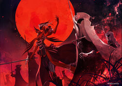  antonio_salieri_(fate) coattails commentary_request fate/grand_order fate_(series) full_moon gloves grass hand_up hat holding holding_sword holding_weapon mask moon night red_gloves red_moon sanshouuo smoke sword twitter_username weapon 