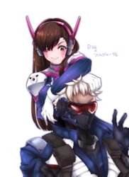  1boy blue_gloves blue_jacket blush bodysuit brown_eyes brown_hair character_name closed_mouth commentary_request covered_nipples d.va_(overwatch) facial_mark female gloves head-mounted_display headgear jacket long_hair mask otani_(kota12ro08) overwatch overwatch_1 pouch scar scar_on_face signature smile soldier:_76_(overwatch) twitter_username upper_body v white_hair 