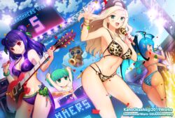  ass bikini blonde_hair blush clouds green_eyes green_hair hat instrument kaho_okashii long_hair microphone navel pointed_ears purple_hair sky swimsuit tagme_(character) teddy_bear twintails wings 