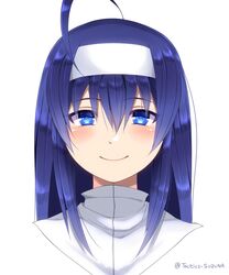  ahoge blue_eyes blue_hair blush closed_mouth commentary_request female hair_between_eyes hair_ornament hairband huge_ahoge long_hair looking_at_viewer orie_ballardiae_harada portrait simple_background smile solo suzuna_(najaran) twitter_username under_night_in-birth white_background white_hairband 