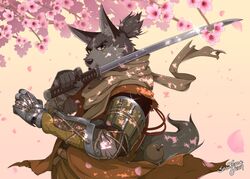  2019 absurd_res anthro canid canine canis clothed clothing digital_media_(artwork) fromsoftware fur hi_res kemono male mammal melee_weapon prosthetic sekiro:_shadows_die_twice snowjune solo sword weapon wolf wolf_(sekiro) 