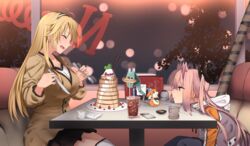  2girls 80mph ahoge berry blonde_hair branch cellphone closed_eyes commentary_request cream creamer_(vessel) cup drinking_straw feeding food fork hair_ribbon hairband head_on_table hood hooded_track_jacket ice ice_cream ice_cube jacket knife kohagura_ellen leaf legs_together long_hair mashiko_kaoru menu multiple_girls nene_(toji_no_miko) open_mouth osafune_girls_academy_school_uniform pancake phone pink_eyes pink_hair restaurant ribbon school_uniform sheath skirt smartphone soda table teacup thighhighs toji_no_miko track_jacket tree twintails window 