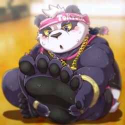  1:1 2019 5_toes alp_(tas) anthro avoid_posting bear belly biped blush bodily_fluids bottomwear claws clothing feet foot_focus fur giant_panda humanoid_hands lifewonders male mammal nikunabe1989 purple_body purple_fur shirt shorts sitting slightly_chubby solo sweat toe_claws toes tokyo_afterschool_summoners topwear 