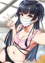  3girls absurdres bikini black_hair blush brown_eyes collarbone commentary_request cowboy_shot fingernails highres idolmaster idolmaster_shiny_colors izumi_mei kusahagane long_hair looking_at_viewer mask mayuzumi_fuyuko mouth_mask multiple_girls navel selfie serizawa_asahi side-tie_bikini_bottom straylight_(idolmaster) surgical_mask swimsuit v 