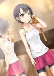  bad_id bad_pixiv_id bike_shorts black_eyes black_hair bralines commentary_request female highres idolmaster idolmaster_cinderella_girls mirror otokura_yuuki see-through short_hair shorts_under_shorts solo sports_bra sweat tamaki_fuyu towel wet wet_clothes 