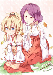  2girls ^_^ absurdres ahoge animal_ear_fluff animal_ears apron autumn_leaves bare_shoulders black_ribbon blonde_hair blue_eyes blush brown_apron brown_hairband closed_eyes closed_mouth commentary_request cosplay detached_sleeves fake_animal_ears falling_leaves fox_ears gohei hair_between_eyes hair_ribbon hairband hakama hakama_skirt high_ponytail highres holding japanese_clothes kimono leaf long_hair long_sleeves miko multiple_girls new_game! ponytail purple_hair red_hakama ribbon ribbon-trimmed_sleeves ribbon_trim senko_(sewayaki_kitsune_no_senko-san) senko_(sewayaki_kitsune_no_senko-san)_(cosplay) sewayaki_kitsune_no_senko-san skirt sleeveless sleeveless_kimono sleeves_past_wrists smile stick_jitb tooyama_rin white_kimono white_sleeves wide_sleeves yagami_kou 