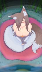  animal_ear_fluff animal_ears bamboo bare_shoulders breasts brooch brown_hair circle_skirt cleavage commentary_request cube85 dress fang_out female from_above grass hair_over_one_eye highres imaizumi_kagerou jewelry large_breasts long_hair long_sleeves looking_at_viewer oerba_yun_fang off-shoulder_dress off_shoulder own_hands_together red_eyes shadow solo tail touhou v_arms white_dress wolf_ears wolf_tail 