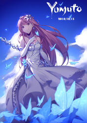  absurdres bare_shoulders blue_butterfly blue_sky breasts bridal_gauntlets brown_eyes bug butterfly character_name cloud commentary dated day dress female fingerless_gloves flower gloves hair_flower hair_ornament highres long_dress long_hair looking_at_viewer medium_breasts original pink_hair sky smile solo white_dress white_gloves yumuto_(spring1786) 