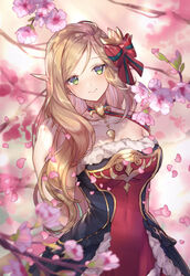  bare_shoulders blurry blurry_foreground bow branch breasts brown_hair chibi_vanille cleavage collarbone commentary covered_navel depth_of_field dress elf english_commentary female flower frills fur_trim green_eyes hairbow hand_up head_tilt highres king&#039;s_raid large_breasts long_hair looking_at_viewer lorraine_(king&#039;s_raid) petals pink_flower pointy_ears red_bow red_dress sidelocks smile solo upper_body 