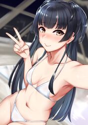  absurdres bikini black_hair blush brown_eyes closed_mouth collarbone commentary_request cowboy_shot female fingernails highres idolmaster idolmaster_shiny_colors kusahagane long_hair looking_at_viewer mayuzumi_fuyuko navel selfie swimsuit v white_bikini 