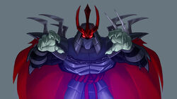  1boy armor arms_up black_armor cape capelet claw_(weapon) commentary emilio_lopez english_commentary fingernails full_armor glowing glowing_eyes grey_background helmet long_fingernails looking_at_viewer male_focus mask official_art photoshop_(medium) red_cape red_eyes shoulder_armor shoulder_spikes shredder_(tmnt) solo spikes teenage_mutant_ninja_turtles tengu_shredder weapon 