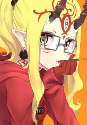  absurdres alternate_costume bespectacled black-framed_eyewear blonde_hair blush casual clothes_writing commentary_request earrings facial_mark fang_out fate/grand_order fate_(series) female food food_in_mouth forehead_mark from_side glasses gloves highres hood hood_down hoodie horns ibaraki_douji_(fate) jewelry long_hair long_sleeves looking_at_viewer looking_to_the_side mouth_hold nakasaku-p oerba_yun_fang orange_background pocky pointy_ears ponytail red_gloves sidelocks simple_background solo upper_body yellow_eyes 