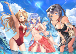  4girls ;d ahoge animal arm_up armpits artemia_(king&#039;s_raid) ass_visible_through_thighs bangle beads bent_over bikini bikini_skirt bird black_bikini black_choker blonde_hair blue_eyes blue_hair blue_sky bottle bracelet braid braided_bun breasts brown_eyes choker cleavage closed_mouth cloud cloudy_sky clownfish collarbone commentary_request covered_navel criss-cross_halter cup day disposable_coffee_cup disposable_cup dragon_girl dragon_horns dragon_tail drinking_straw eyewear_on_head fish floating_hair flower food frilled_bikini frills front-tie_bikini_top front-tie_top grey_hair hair_bun hair_flower hair_ornament halterneck hand_on_own_thigh hand_up heterochromia highres holding holding_bottle holding_cup horns hug hug_from_behind innertube jewelry kara_(king&#039;s_raid) king&#039;s_raid large_breasts leaning_forward lens_flare lilia_(king&#039;s_raid) long_hair looking_at_viewer medium_breasts mosta_(lo1777789) multiple_girls navel ocean one-piece_swimsuit one_eye_closed open_mouth outdoors palm_tree parted_lips pointy_ears popsicle red_bikini ribbon sarong scarlet_(king&#039;s_raid) sidelocks single_hair_bun sky small_breasts smile standing stomach sun sunglasses sunlight swim_ring swimsuit tail tail_ornament tail_ribbon tree v-shaped_eyebrows wading water wavy_hair white_bikini white_flower wrist_cuffs wrist_ribbon 