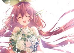  blush bouquet closed_eyes commentary female flower granblue_fantasy leaf low_twintails mizuno_sao petals pink_hair smile solo symbol-only_commentary twintails white_background yggdrasil_(granblue_fantasy) 