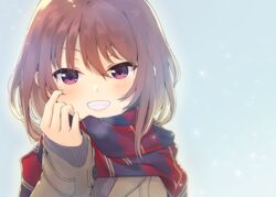  bad_id bad_pixiv_id brown_hair commentary_request female fingernails grin highres jacket long_fingernails looking_at_viewer medium_hair nail_polish original purple_eyes scarf simple_background smile solo sweater tamaki_fuyu upper_body 