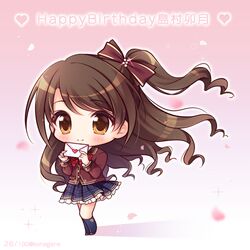  black_footwear blue_skirt blue_socks blush bow brown_bow brown_eyes brown_hair brown_jacket character_name chibi closed_mouth commentary_request envelope female floating_hair frilled_skirt frills full_body hairbow happy_birthday heart holding holding_envelope idolmaster idolmaster_cinderella_girls idolmaster_cinderella_girls_starlight_stage jacket kneehighs long_hair long_sleeves love_letter love_letter_(idolmaster) one_side_up petals plaid plaid_skirt pleated_skirt ryuuka_sane shimamura_uzuki skirt smile socks solo standing twitter_username very_long_hair 