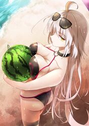  absurdres ahoge ass beach bikini black_bikini black_choker breasts butt_crack carrying choker cleavage commentary_request day emilio_(tetsukazu_no_ao) eyewear_on_head fate/grand_order fate_(series) female food from_above fruit highres jeanne_d&#039;arc_alter_(fate) jeanne_d&#039;arc_alter_(swimsuit_berserker)_(fate) large_breasts long_hair melon o-ring o-ring_bikini o-ring_bottom o-ring_top ocean outdoors skindentation solo swimsuit thigh_strap tsurime very_long_hair white_hair yellow_eyes 