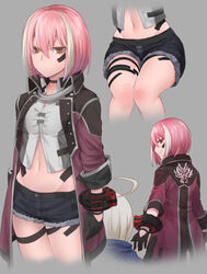  1boy ahoge black_gloves choker closed_mouth coat commentary_request denim denim_shorts female gloves god_eater god_eater_3 grey_background long_sleeves looking_at_viewer multicolored_hair navel nyifu photoshop_(medium) phym_(god_eater) pink_hair player_(god_eater_3) short_hair shorts simple_background smile white_hair 