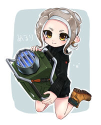  ankle_boots bad_id bad_pixiv_id bike_shorts black_jacket blush boots brown_footwear closed_mouth commentary_request explosher_(splatoon) female full_body gothloli_dokuro grey_hair holding jacket kneeling long_sleeves looking_at_viewer medium_hair octoling octoling_girl octoling_player_character outline single_vertical_stripe sleeves_past_wrists smile solo splatoon_(series) splatoon_2 suction_cups tan_work_boots_(splatoon) tentacle_hair white_outline work_boots yellow_eyes 