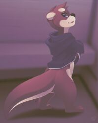  2019 ambiguous_gender anthro black_nose blue_eyes brown_hair closed_(disambiguation) detailed_background digital_media_(artwork) hair hi_res mammal mustelid otter rudragon smile solo standing tail 