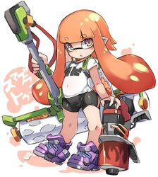  bike_shorts black_shorts blaster_(splatoon) commentary_request dynamo_roller_(splatoon) female full_body inkling inkling_girl inkling_player_character karukan_(monjya) long_hair open_mouth orange_eyes orange_hair oversized_object paint_roller pointy_ears shirt shoes shorts simple_background sneakers solo splatoon_(series) t-shirt tentacle_hair weapon white_background white_shirt 