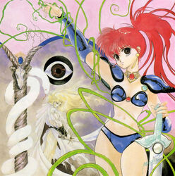  1980s_(style) armor asagiri_youko bikini_armor earrings eyeball female genmu_senki_leda high_ponytail highres holding holding_sword holding_weapon inomata_mutsumi jewelry long_hair non-web_source official_art painting_(medium) pauldrons plant red_hair retro_artstyle shoulder_armor snake solo sword traditional_media vines watercolor_(medium) weapon zell_(genmu_senki_leda) 