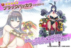  animal_ears black_baccara_(flower_knight_girl) black_flower black_legwear black_rose breasts character_name commentary_request copyright_name dmm female fishnet_legwear fishnets flower flower_knight_girl full_body hair_ornament katana large_breasts long_hair looking_at_viewer multiple_views name_connection object_namesake official_art pale_skin pantyhose playboy_bunny projected_inset purple_eyes rabbit_ears revealing_clothes rose sash showgirl_skirt standing star_(symbol) sword wakame weapon 