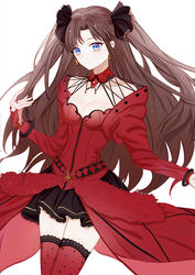  black_skirt blue_eyes bracelet breasts brown_hair choker cleavage commentary_request earrings fate/stay_night fate_(series) female frilled_skirt frills hair_ornament jewelry long_hair long_sleeves looking_at_viewer medium_breasts miniskirt pleated_skirt polka_dot polka_dot_legwear red_thighhighs ring simple_background skirt solo thighhighs tohsaka_rin tohsaka_rin_(formalcraft) two_side_up very_long_hair white_background yutsuki_(pixiv4894196) zettai_ryouiki 