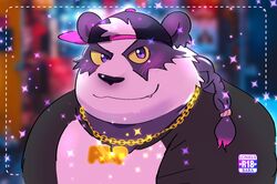  2019 alp_(tas) anthro bear black_nose blush clothing cute_fangs english_text giant_panda hat headgear headwear hi_res hollowpup lifewonders male mammal overweight overweight_anthro overweight_male purple_eyes shirt solo text tokyo_afterschool_summoners topwear yellow_sclera 