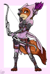  3_toes 4_fingers amber_eyes anthro arrow_(weapon) belt black_claws black_nose bow_(weapon) canid canine claws clothed clothing disney fan_character feet female fingers fox fur gloves handwear holding_object hood hood_up luna_wilde_(crewefox) mammal multicolored_tail ranged_weapon red_body red_fox red_fur solo story story_at_source tail toes true_fox weapon ziegelzeig zootopia 