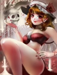  bad_id bad_pixiv_id bandeau bare_legs blonde_hair blush breasts candle character_name commentary_request crystal earrings feet_out_of_frame female flandre_scarlet flower grey_background hand_up hat hat_ribbon holding holding_skull jewelry lipstick looking_at_viewer makeup medium_breasts mob_cap nail_polish pointy_ears red_eyes red_flower red_lips red_nails red_ribbon red_rose ribbon rose short_hair sitting skull smile solo strapless thighs touhou white_hat wings wrist_ribbon yuudai_(oromizu) 