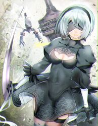  2b_(nier:automata) black_dress black_gloves black_hairband black_thighhighs blindfold bob_cut breasts chains cleavage cleavage_cutout closed_mouth clothing_cutout commentary_request covered_collarbone covered_eyes covered_navel covered_nipples cowboy_shot dress drone female gloves hairband highres katana medium_breasts mole mole_under_mouth nier:automata nier_(series) pod_(nier:automata) short_hair sleeves_past_elbows sword thigh_strap thighhighs turtleneck vambraces weapon white_hair yuduki_(tt-yuduki) 