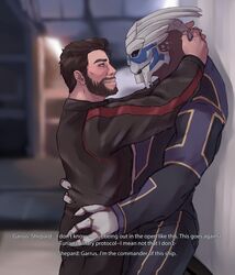  absurd_res against_surface against_wall alien beard bioware clothed clothing commander_shepard dialogue duo electronic_arts english_text eye_contact facial_hair fully_clothed garrus_vakarian ghangaji grin hand_on_back hi_res hip_grab hug human interspecies looking_at_another male male/male mammal mass_effect neck_grab smile standing text turian 