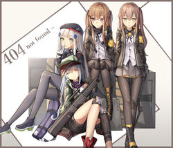  404_(girls&#039;_frontline) 4girls absurdres armband assault_rifle bag bkyuuc black_footwear black_headwear black_neckwear black_pantyhose black_ribbon black_shorts black_thighhighs blush boots brown_eyes brown_hair brown_jacket closed_eyes commentary cross full_body g11_(girls&#039;_frontline) girls&#039;_frontline green_eyes green_headwear gun h&amp;k_g11 hair_between_eyes hair_ornament hat highres hk416_(girls&#039;_frontline) http_status_code jacket long_hair multiple_girls one_side_up panties pantyhose ribbon rifle shirt shoes shorts side_ponytail sitting sleeping smile standing thighhighs twintails ump45_(girls&#039;_frontline) ump9_(girls&#039;_frontline) underwear weapon white_hair white_shirt yellow_armband yellow_eyes 