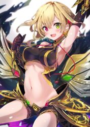  :d arm_up armor armpits bare_shoulders black_gloves black_shorts blonde_hair blurry blush braid breasts charlotte_(shironeko_project) commentary_request crop_top depth_of_field elbow_gloves faulds female french_braid fuku_kitsune_(fuku_fox) gauntlets gloves gold_trim green_eyes groin hair_ornament hand_up heterochromia highres large_breasts looking_at_viewer midriff navel oerba_yun_fang open_mouth red_eyes shironeko_project short_hair short_shorts shorts sidelocks sleeveless smile solo stomach string thighs waist_cape white_background 