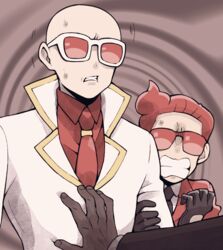  2boys bald black_gloves black_neckwear brown_background clenched_teeth commentary_request disembodied_hand formal gloves jacket long_sleeves male_focus minashirazu multiple_boys necktie pokemon pokemon_xy red-tinted_eyewear red_hair red_jacket red_necktie red_shirt shirt simple_background suit sweat team_flare team_flare_admin team_flare_grunt team_flare_uniform teeth tinted_eyewear upper_body white-framed_eyewear white_jacket white_shirt 