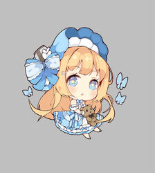  blonde_hair blue_butterfly blue_eyes bug butterfly chibi chinese_commentary commentary_request female hair_ornament hairpin hat highres lolita_fashion saratoga_(warship_girls_r) situmey solo star-shaped_pupils star_(symbol) stuffed_animal stuffed_toy symbol-shaped_pupils teddy_bear warship_girls_r 