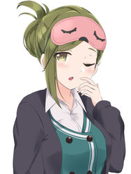  breasts brown_eyes cardigan collared_shirt commentary_request female folded_ponytail green_hair highres idolmaster idolmaster_shiny_colors jacket long_hair long_sleeves looking_at_viewer nanakusa_hazuki one_eye_closed open_mouth shirt simple_background sleep_mask solo standing tsunakanten white_background 