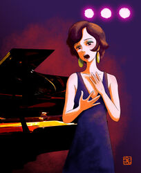  breasts brown_eyes brown_hair chutohampa cleavage commentary_request dress earrings eyeshadow female gina_(kurenai_no_buta) hands_up instrument jewelry kurenai_no_buta looking_at_viewer makeup music open_mouth parted_bangs piano purple_background purple_dress short_hair singing sleeveless sleeveless_dress solo standing watermark 