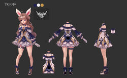  ahoge animal_ears blue_dress blue_eyes brown_hair bunny_ears concept_art copyright_name double_bun dress elin_(tera) female full_body garters gloves grey_background hair_bun high_heels highres ji-hyun_ro kneepits legs long_hair multiple_views official_art shoes short_dress simple_background solo tera_online turnaround white_gloves 