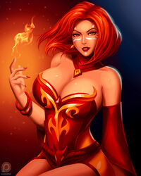  breasts cleavage defense_of_the_ancients dota_2 dress female fire large_breasts lina_inverse_(dota_2) looking_at_viewer orange_eyes orange_hair short_hair solo svoidist tagme 