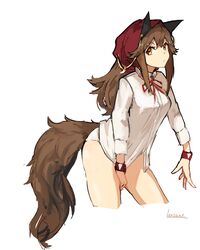  animal_ears artist_name between_legs blouse breasts brown_hair cropped_legs duplicate female hand_between_legs kerchief lansane leaning_forward long_hair looking_at_viewer medium_breasts neck_ribbon no_pants orange_eyes original panties pixel-perfect_duplicate ribbon shirt sidelocks simple_background solo tail thighs tsana_(lansane) underwear white_background white_panties white_shirt wolf_ears wolf_tail wristband 