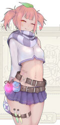  ;q arms_behind_back asymmetrical_clothes belt belt_buckle belt_pouch blue_scarf blunt_bangs blush breasts buckle chinese_commentary closed_mouth commentary_request cowboy_shot crop_top dollar_sign facial_mark female flask hair_ornament heart huaji kardia_tou_abel leaf_hair_ornament long_sleeves looking_at_viewer miniskirt navel navel_piercing nikuku_(kazedesune) one_eye_closed piercing pleated_skirt pouch purple_skirt red_hair round-bottom_flask scarf short_hair short_twintails sidelocks single_bare_shoulder single_sleeve skirt sleeves_past_fingers sleeves_past_wrists small_breasts smile solo_focus star_(symbol) stomach striped_clothes striped_scarf tattoo test_tube thigh_strap tongue tongue_out twintails yellow_eyes 