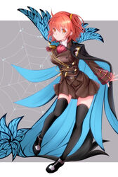  ahoge alternate_costume black_footwear black_thighhighs breasts brown_jacket cape commentary_request cosplay fate/grand_order fate_(series) female fujimaru_ritsuka_(female) hair_between_eyes hair_ornament hair_scrunchie highres jacket james_moriarty_(archer)_(fate) james_moriarty_(archer)_(fate)_(cosplay) large_breasts long_sleeves looking_at_viewer one_side_up orange_eyes orange_hair orange_scrunchie scrunchie shoes short_hair spider_web_print striped_clothes striped_jacket thighhighs two-tone_footwear uniform ura_komaru white_footwear 