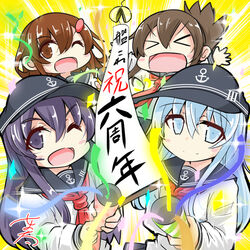  &gt;_&lt; 4girls akatsuki_(kancolle) anchor_symbol anniversary badge banner black_sailor_collar blue_eyes brown_hair commentary_request confetti_ball copyright_name flat_cap folded_ponytail grey_hair hair_between_eyes hair_ornament hairclip hat hibiki_(kancolle) ikazuchi_(kancolle) inazuma_(kancolle) kantai_collection long_hair long_sleeves looking_at_viewer multiple_girls neckerchief nyonyonba_tarou one_eye_closed open_mouth party_popper purple_eyes purple_hair red_neckerchief sailor_collar school_uniform serafuku shirt short_hair smile upper_body white_shirt 