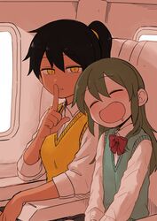  2girls aged_down aircraft airplane airplane_interior aqua_sweater_vest armrest black_hair blush bow bowtie closed_eyes collared_shirt commentary dark-skinned_female dark_skin dress_shirt drooling finger_to_mouth green_eyes green_hair hair_between_eyes hair_down height_difference highres igarashi_futaba_(shiromanta) index_finger_raised kurobe_natsumi_(shiromanta) long_hair long_sleeves looking_at_viewer medium_hair multiple_girls oerba_yun_fang open_mouth parted_lips ponytail red_bow red_bowtie seat senpai_ga_uzai_kouhai_no_hanashi shiromanta shirt short_hair shushing sitting sleeping sleeping_upright slit_pupils smile sweater_vest symbol-only_commentary tan v_arms white_shirt window yellow_eyes yellow_sweater_vest 