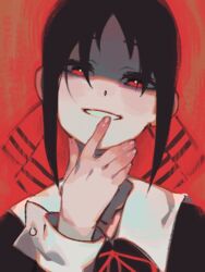  bad_id bad_pixiv_id black_hair female gloss_(hotglossed) grin hair_ribbon highres kaguya-sama_wa_kokurasetai_~tensai-tachi_no_renai_zunousen~ long_sleeves looking_at_viewer monochrome okawaii_koto red_background red_eyes red_ribbon red_theme ribbon school_uniform shaded_face shinomiya_kaguya shuuchiin_academy_school_uniform simple_background smile tied_hair 