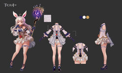  ahoge animal_ears blue_footwear bunny_ears bunny_tail concept_art copyright_name crystal dress elin_(tera) female full_body garters gem gloves glowing grey_background hand_to_own_mouth high_heels highres holding ji-hyun_ro kneepits legs long_hair multiple_views official_art purple_gloves red_eyes shoes short_dress simple_background solo staff tail tera_online turnaround weapon white_dress white_hair 