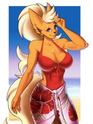  2019 3:4 alpha_channel anthro anthrofied beach blonde_hair breasts cleavage clothed clothing digital_media_(artwork) eeveelution female flareon generation_1_pokemon hair hi_res long_hair looking_at_viewer nintendo one-piece_swimsuit outside pinup pokemon pokemon_(species) pokemorph porin pose purple_eyes rosalyn_(eeveexpert) seaside shaded smile solo standing swimwear wide_hips 