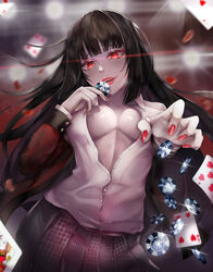  absurdres akaisu black_bow black_hair blunt_bangs blurry blurry_background blush bow bra breasts card collarbone commentary female highres hime_cut hyakkaou_academy_school_uniform jabami_yumeko jacket jewelry kakegurui lace lace-trimmed_bra lace_trim large_breasts lips long_hair long_sleeves looking_at_viewer nail_polish no_bra open_clothes open_mouth open_shirt photoshop_(medium) playing_card pleated_skirt poker_chip red_eyes red_jacket red_lips ring school_uniform shirt skirt smile solo sweat thumb_ring underwear very_long_hair white_shirt 